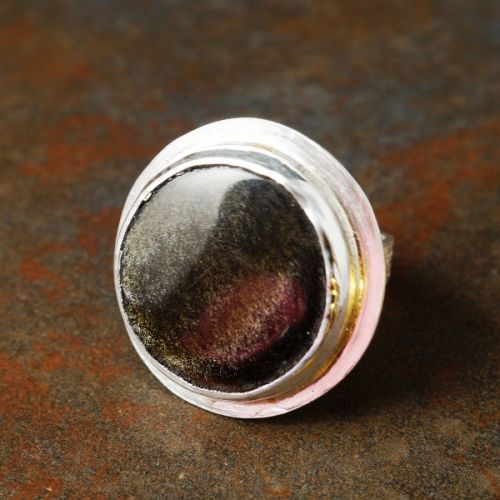 Contemporary handcrafted recycled sterling silver Golden Sheen Obsidian hexagonal Ring